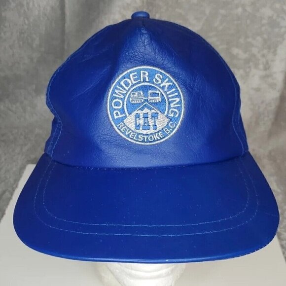 VTG Blue Leather Hat Revelstoke CAT skiing zip strap embroidered cap - Picture 1 of 10